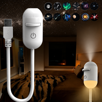 مصباح ليلي وجهاز عرض مجرة (2 في 1) – جهاز عرض عالي الدقة (HD) للسقف يعمل عبر USB مع تغطية 360 درجة، يتضمن 12 شريحة عرض وجهاز تحكم عن بُعد.